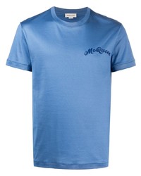 blaues besticktes T-Shirt mit einem Rundhalsausschnitt von Alexander McQueen