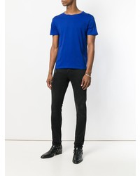 blaues besticktes T-Shirt mit einem Rundhalsausschnitt von Saint Laurent