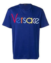 blaues besticktes T-Shirt mit einem Rundhalsausschnitt von Versace