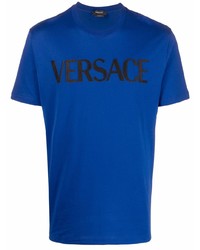 blaues besticktes T-Shirt mit einem Rundhalsausschnitt von Versace