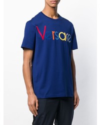 blaues besticktes T-Shirt mit einem Rundhalsausschnitt von Versace