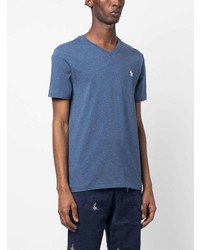 blaues besticktes T-Shirt mit einem V-Ausschnitt von Polo Ralph Lauren