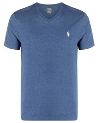 blaues besticktes T-Shirt mit einem V-Ausschnitt von Polo Ralph Lauren