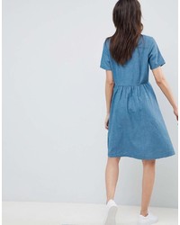 blaues Chambray gerade geschnittenes Kleid von Selected