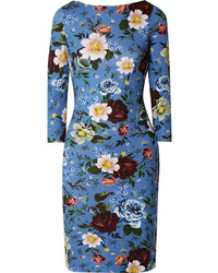 blaues figurbetontes Kleid mit Blumenmuster von Erdem