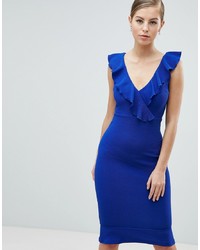 blaues figurbetontes Kleid mit Rüschen