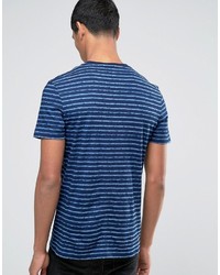 blaues horizontal gestreiftes T-Shirt mit einem Rundhalsausschnitt von Celio