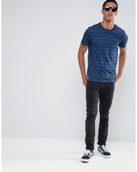 blaues horizontal gestreiftes T-Shirt mit einem Rundhalsausschnitt von Celio