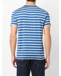 blaues horizontal gestreiftes T-Shirt mit einem Rundhalsausschnitt von Sunspel