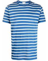 blaues horizontal gestreiftes T-Shirt mit einem Rundhalsausschnitt von Sunspel
