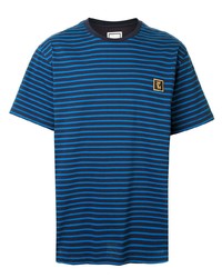 blaues horizontal gestreiftes T-Shirt mit einem Rundhalsausschnitt von Wooyoungmi
