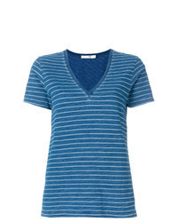 blaues horizontal gestreiftes T-Shirt mit einem V-Ausschnitt