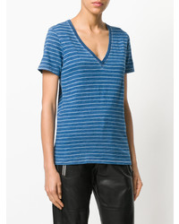 blaues horizontal gestreiftes T-Shirt mit einem V-Ausschnitt von Rag & Bone