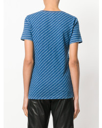 blaues horizontal gestreiftes T-Shirt mit einem V-Ausschnitt von Rag & Bone