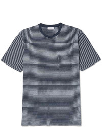 blaues horizontal gestreiftes T-shirt von Sunspel