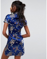 blaues Kleid aus Brokat von Reclaimed Vintage