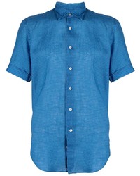 blaues Leinen Kurzarmhemd mit geometrischem Muster