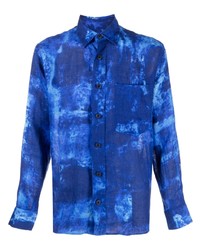 blaues Mit Batikmuster Leinen Langarmhemd von Destin