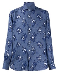 blaues Leinen Langarmhemd mit Blumenmuster