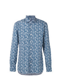 blaues Leinen Langarmhemd mit Paisley-Muster