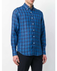 blaues Leinen Langarmhemd mit Vichy-Muster von Canali