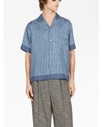 blaues Seide Kurzarmhemd mit geometrischem Muster von Gucci