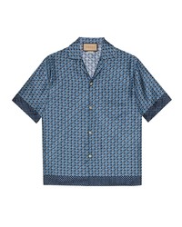 blaues Seide Kurzarmhemd mit geometrischem Muster von Gucci