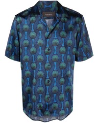 blaues Seide Kurzarmhemd mit geometrischem Muster von OZWALD BOATENG