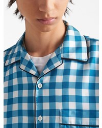 blaues Seide Kurzarmhemd mit Vichy-Muster von Prada