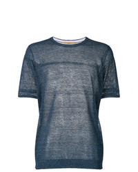 blaues T-Shirt mit einem Rundhalsausschnitt aus Netzstoff