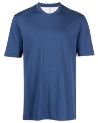 blaues T-Shirt mit einem V-Ausschnitt von Brunello Cucinelli