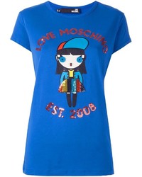 blaues verziertes Pailletten T-shirt von Love Moschino