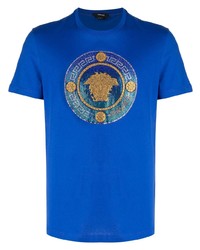 blaues verziertes T-Shirt mit einem Rundhalsausschnitt von Versace