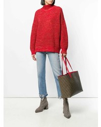braune bedruckte Shopper Tasche aus Leder von DKNY