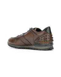 braune beschlagene Leder niedrige Sneakers von Tod's