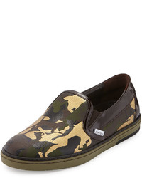 braune Camouflage Slip-On Sneakers aus Leder