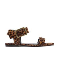 braune flache Sandalen aus Leder mit Leopardenmuster