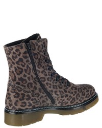 braune flache Stiefel mit einer Schnürung aus Wildleder mit Leopardenmuster von Bullboxer