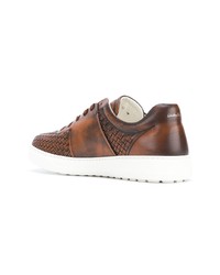 braune geflochtene Leder niedrige Sneakers von Salvatore Ferragamo