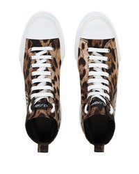 braune hohe Sneakers aus Segeltuch mit Leopardenmuster von Dolce & Gabbana