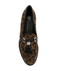 braune Leder Slipper mit Quasten mit Leopardenmuster von Giuseppe Zanotti Design