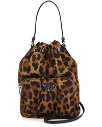 braune Nylon Beuteltasche mit Leopardenmuster