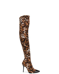 braune Overknee Stiefel aus Leder mit Leopardenmuster