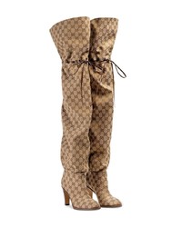 braune Overknee Stiefel aus Segeltuch von Gucci