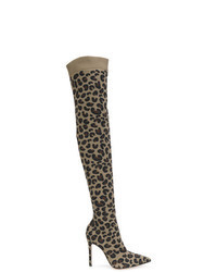 braune Overknee Stiefel mit Leopardenmuster