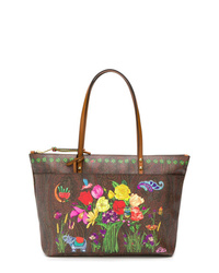 braune Shopper Tasche aus Segeltuch mit Blumenmuster