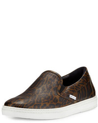 braune Slip-On Sneakers aus Leder mit Leopardenmuster
