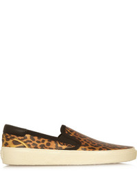 braune Slip-On Sneakers aus Leder mit Leopardenmuster