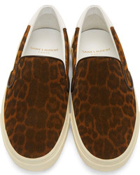 braune Slip-On Sneakers aus Leder mit Leopardenmuster von Saint Laurent