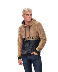 brauner bedruckter Fleece-Pullover mit einem Kapuze von Tom Barron